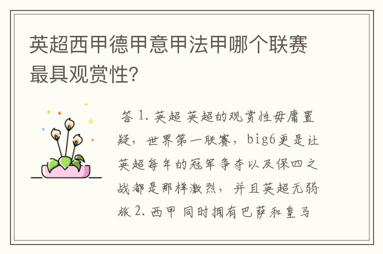 英超西甲德甲意甲法甲哪个联赛最具观赏性?