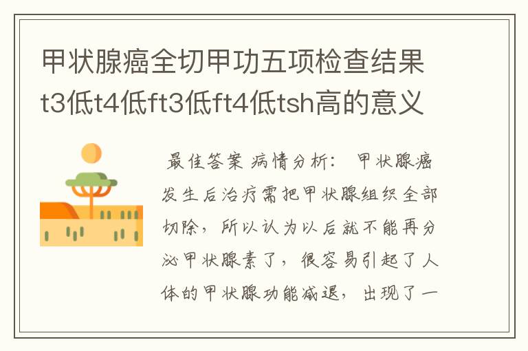 甲状腺癌全切甲功五项检查结果t3低t4低ft3低ft4低tsh高的意义