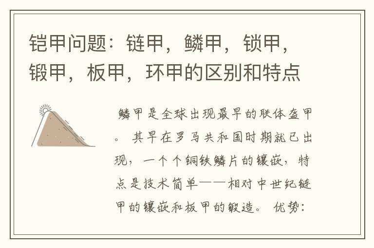铠甲问题:链甲,鳞甲,锁甲,锻甲,板甲,环甲的区别和特点,HELP.