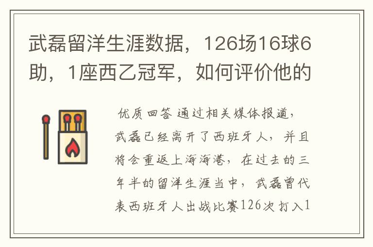 武磊留洋生涯数据,126场16球6助,1座西乙冠军,如何评价他的表现?