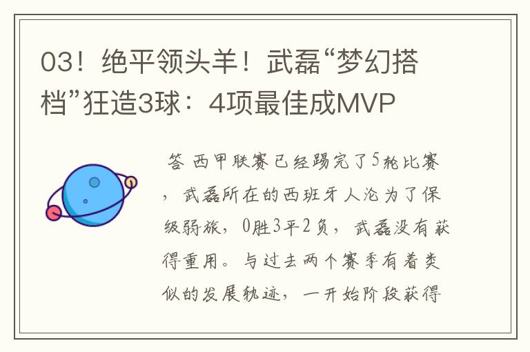 03!绝平领头羊!武磊“梦幻搭档”狂造3球:4项最佳成MVP