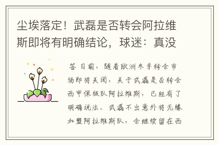 尘埃落定!武磊是否转会阿拉维斯即将有明确结论,球迷:真没想到