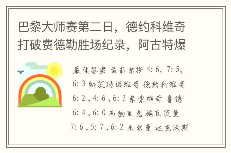 巴黎大师赛第二日,德约科维奇打破费德勒胜场纪录,阿古特爆冷,