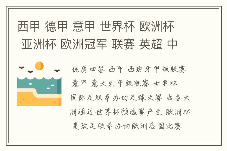 西甲 德甲 意甲 世界杯 欧洲杯 亚洲杯 欧洲冠军 联赛 英超 中超 分别是什么意思啊?