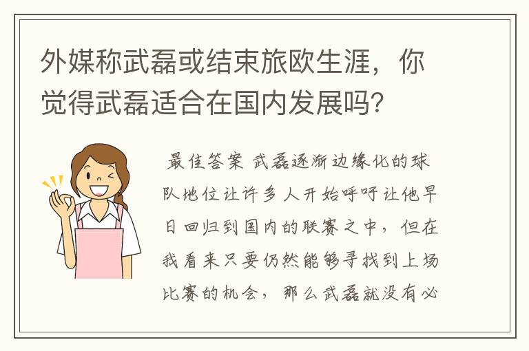 外媒称武磊或结束旅欧生涯,你觉得武磊适合在国内发展吗?
