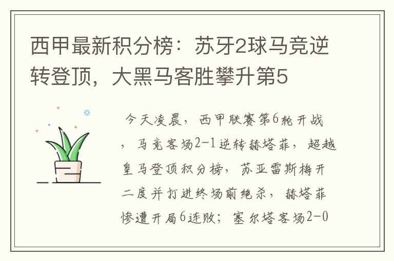 西甲最新积分榜:苏牙2球马竞逆转登顶,大黑马客胜攀升第5