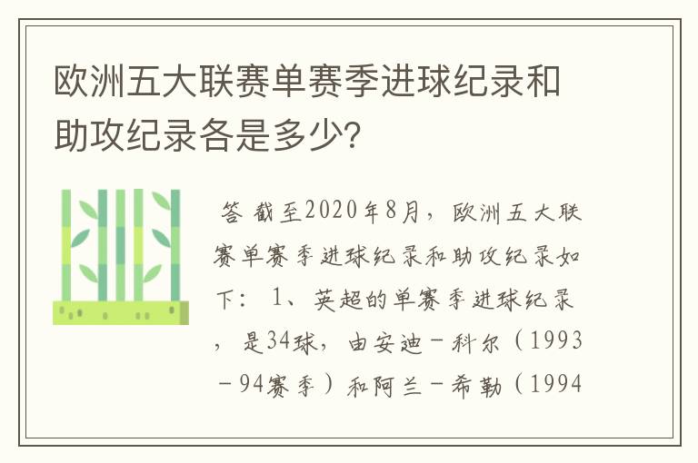 欧洲五大联赛单赛季进球纪录和助攻纪录各是多少?