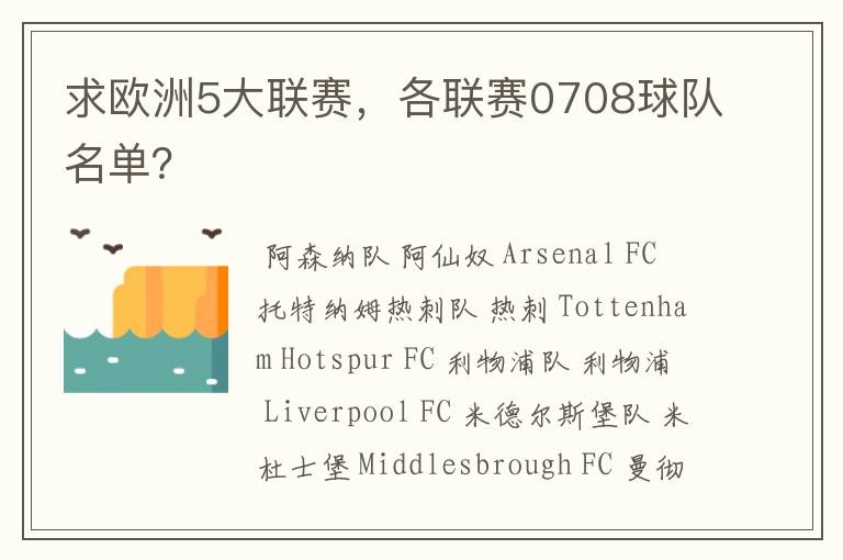 求欧洲5大联赛，各联赛0708球队名单？
