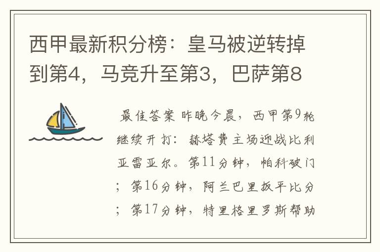 西甲最新积分榜:皇马被逆转掉到第4,马竞升至第3,巴萨第8