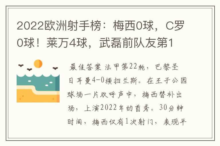 2022欧洲射手榜:梅西0球,C罗0球!莱万4球,武磊前队友第1