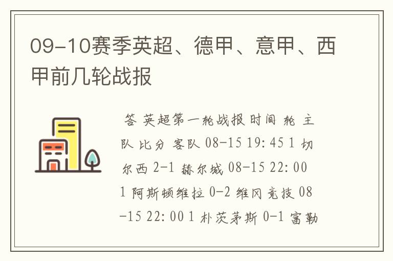 09-10赛季英超、德甲、意甲、西甲前几轮战报