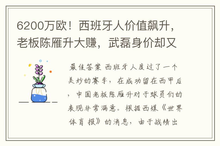 6200万欧!西班牙人价值飙升,老板陈雁升大赚,武磊身价却又缩水