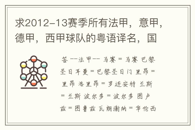 求2012-13赛季所有法甲，意甲，德甲，西甲球队的粤语译名，国粤对照。