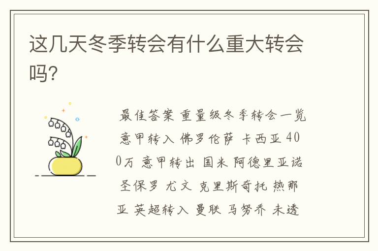 这几天冬季转会有什么重大转会吗?
