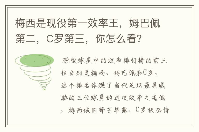 梅西是现役第一效率王,姆巴佩第二,C罗第三,你怎么看?