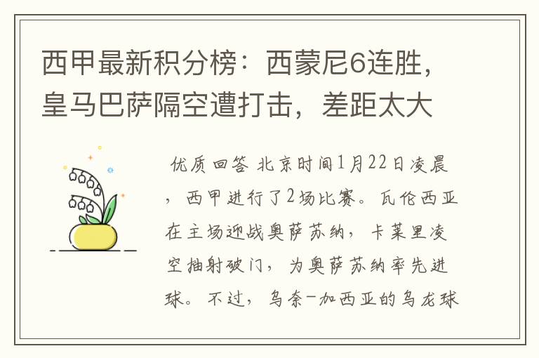 西甲最新积分榜:西蒙尼6连胜,皇马巴萨隔空遭打击,差距太大