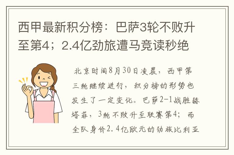 西甲最新积分榜:巴萨3轮不败升至第4;2.4亿劲旅遭马竞读秒绝平
