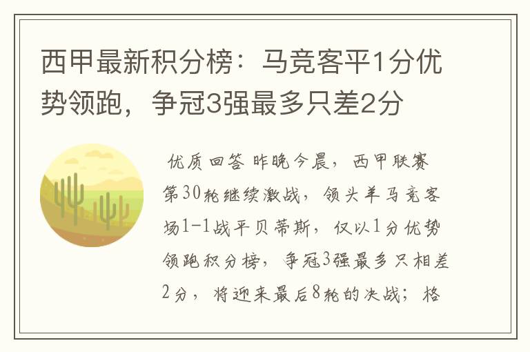 西甲最新积分榜:马竞客平1分优势领跑,争冠3强最多只差2分