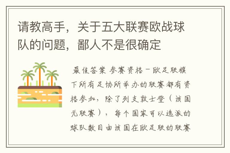 请教高手,关于五大联赛欧战球队的问题,鄙人不是很确定