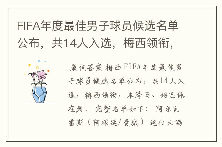 FIFA年度最佳男子球员候选名单公布,共14人入选,梅西领衔,本泽马、姆巴佩在列。