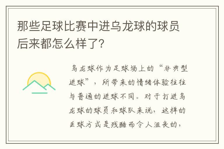 那些足球比赛中进乌龙球的球员后来都怎么样了?