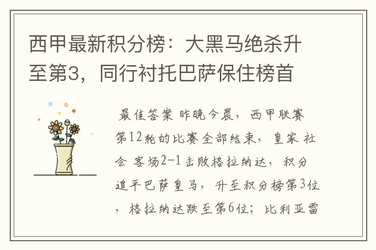 西甲最新积分榜:大黑马绝杀升至第3,同行衬托巴萨保住榜首