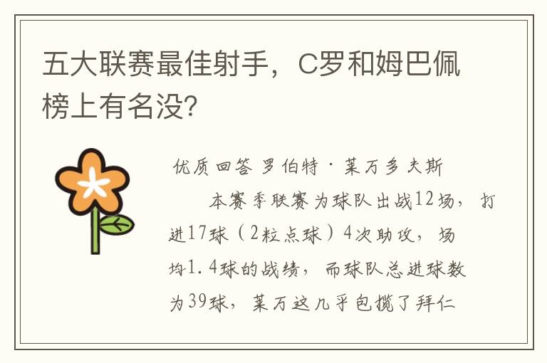 五大联赛最佳射手,C罗和姆巴佩榜上有名没?