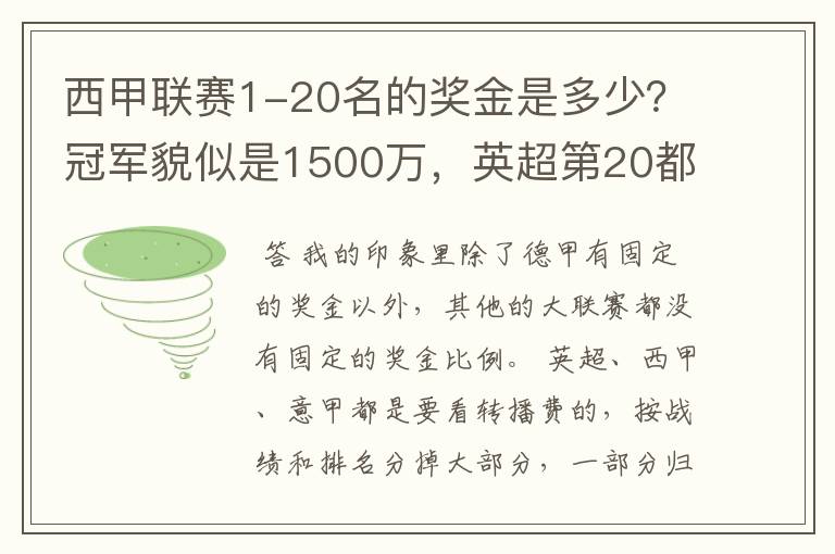 西甲联赛1-20名的奖金是多少?冠军貌似是1500万,英超第20都是4000万呀!