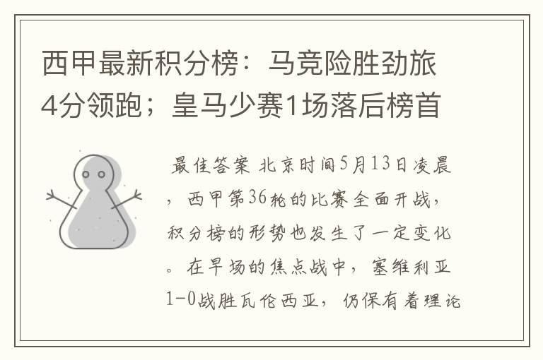 西甲最新积分榜:马竞险胜劲旅4分领跑;皇马少赛1场落后榜首5分