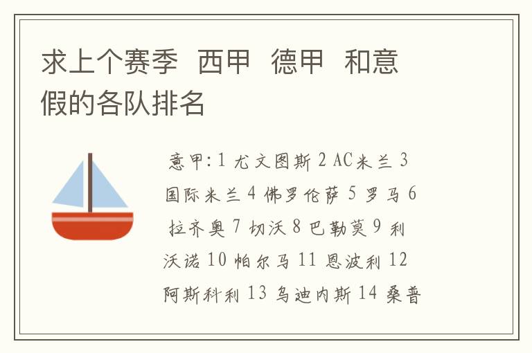 求上个赛季 西甲 德甲 和意假的各队排名