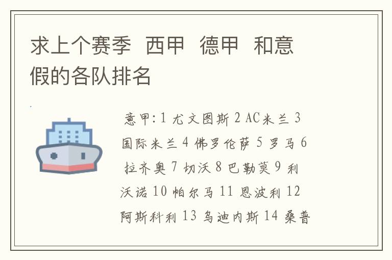 求上个赛季 西甲 德甲 和意假的各队排名