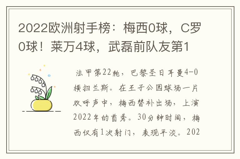 2022欧洲射手榜:梅西0球,C罗0球!莱万4球,武磊前队友第1