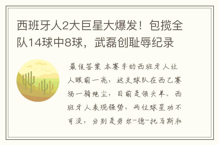西班牙人2大巨星大爆发!包揽全队14球中8球,武磊创耻辱纪录
