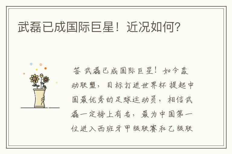 武磊已成国际巨星!近况如何?