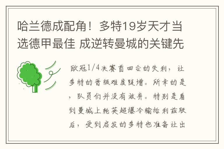 哈兰德成配角!多特19岁天才当选德甲最佳 成逆转曼城的关键先生