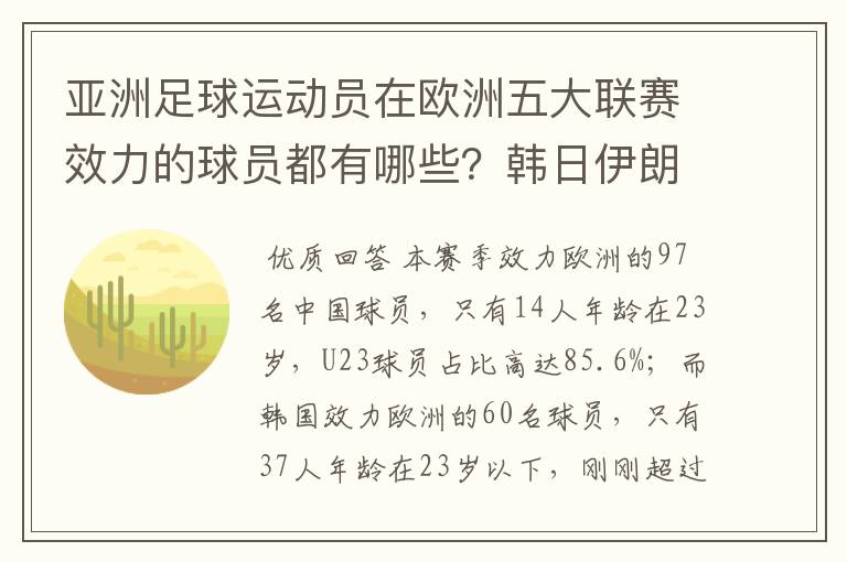 亚洲足球运动员在欧洲五大联赛效力的球员都有哪些?韩日伊朗 都是比较多吧!