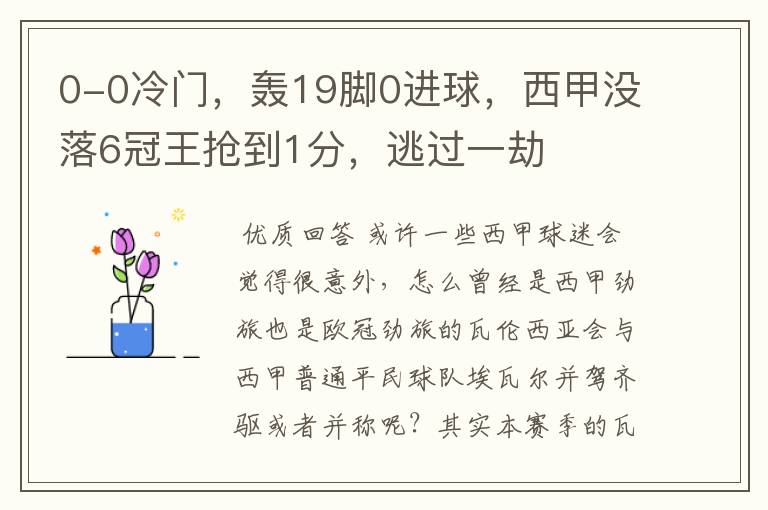 0-0冷门,轰19脚0进球,西甲没落6冠王抢到1分,逃过一劫