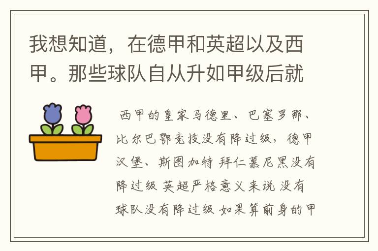 我想知道,在德甲和英超以及西甲。那些球队自从升如甲级后就从没有降过级?