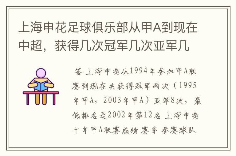 上海申花足球俱乐部从甲A到现在中超,获得几次冠军几次亚军几次季军?最低排名是多少位?