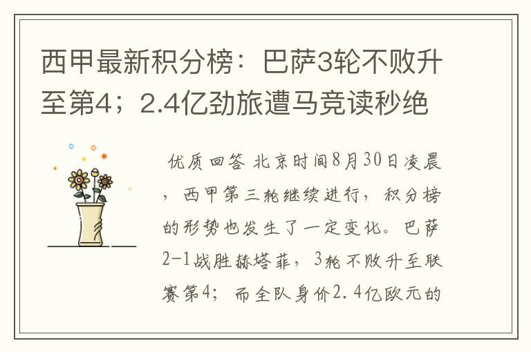 西甲最新积分榜:巴萨3轮不败升至第4;2.4亿劲旅遭马竞读秒绝平