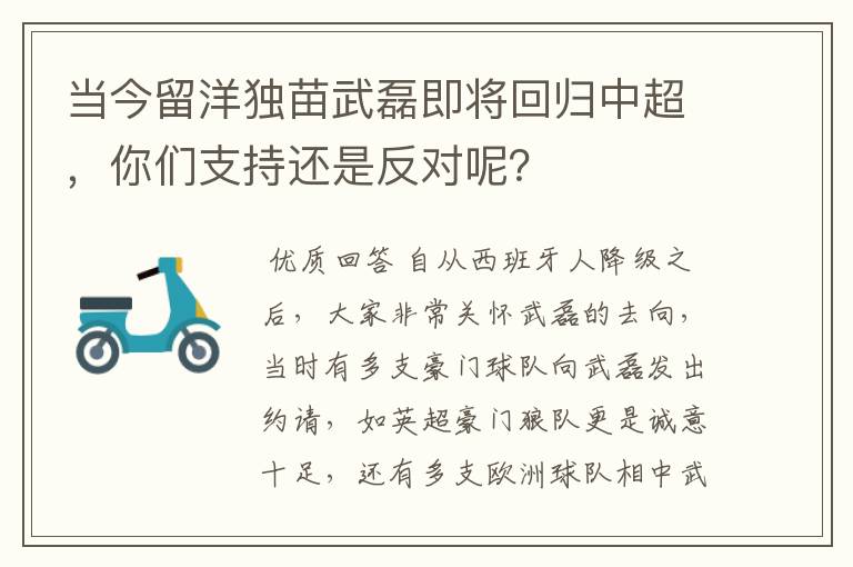 当今留洋独苗武磊即将回归中超,你们支持还是反对呢?