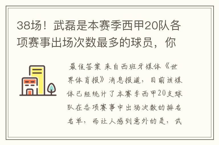 38场!武磊是本赛季西甲20队各项赛事出场次数最多的球员,你怎么看?