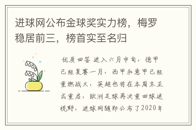进球网公布金球奖实力榜,梅罗稳居前三,榜首实至名归