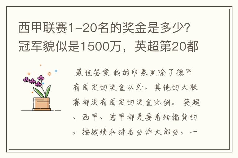 西甲联赛1-20名的奖金是多少?冠军貌似是1500万,英超第20都是4000万呀!