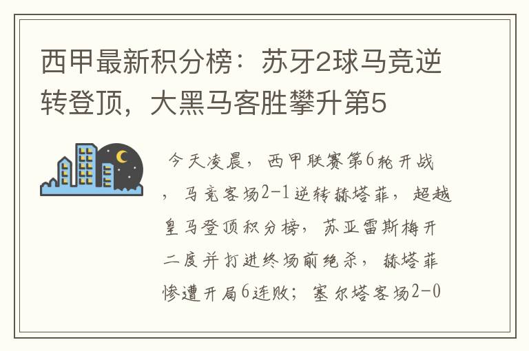 西甲最新积分榜:苏牙2球马竞逆转登顶,大黑马客胜攀升第5
