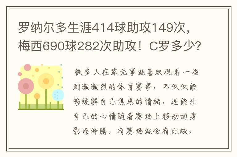 罗纳尔多生涯414球助攻149次,梅西690球282次助攻!C罗多少?