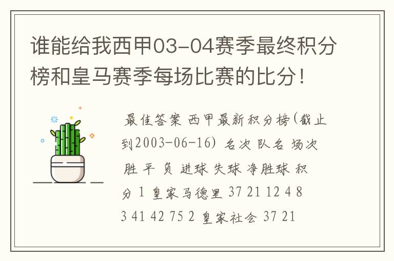 谁能给我西甲03-04赛季最终积分榜和皇马赛季每场比赛的比分!