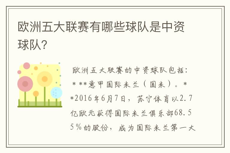 欧洲五大联赛有哪些球队是中资球队?