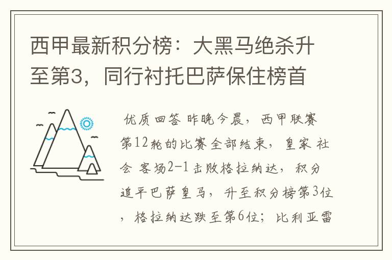 西甲最新积分榜：大黑马绝杀升至第3，同行衬托巴萨保住榜首