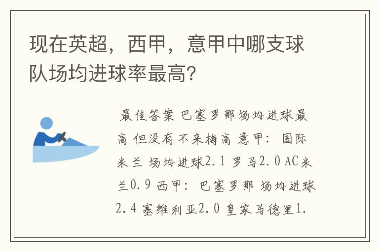 现在英超,西甲,意甲中哪支球队场均进球率最高?